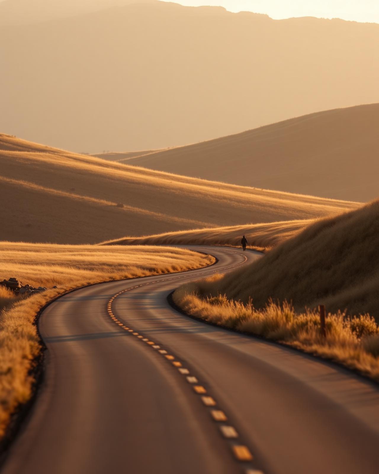 Quiet rural road winding through golden hills at sunrise